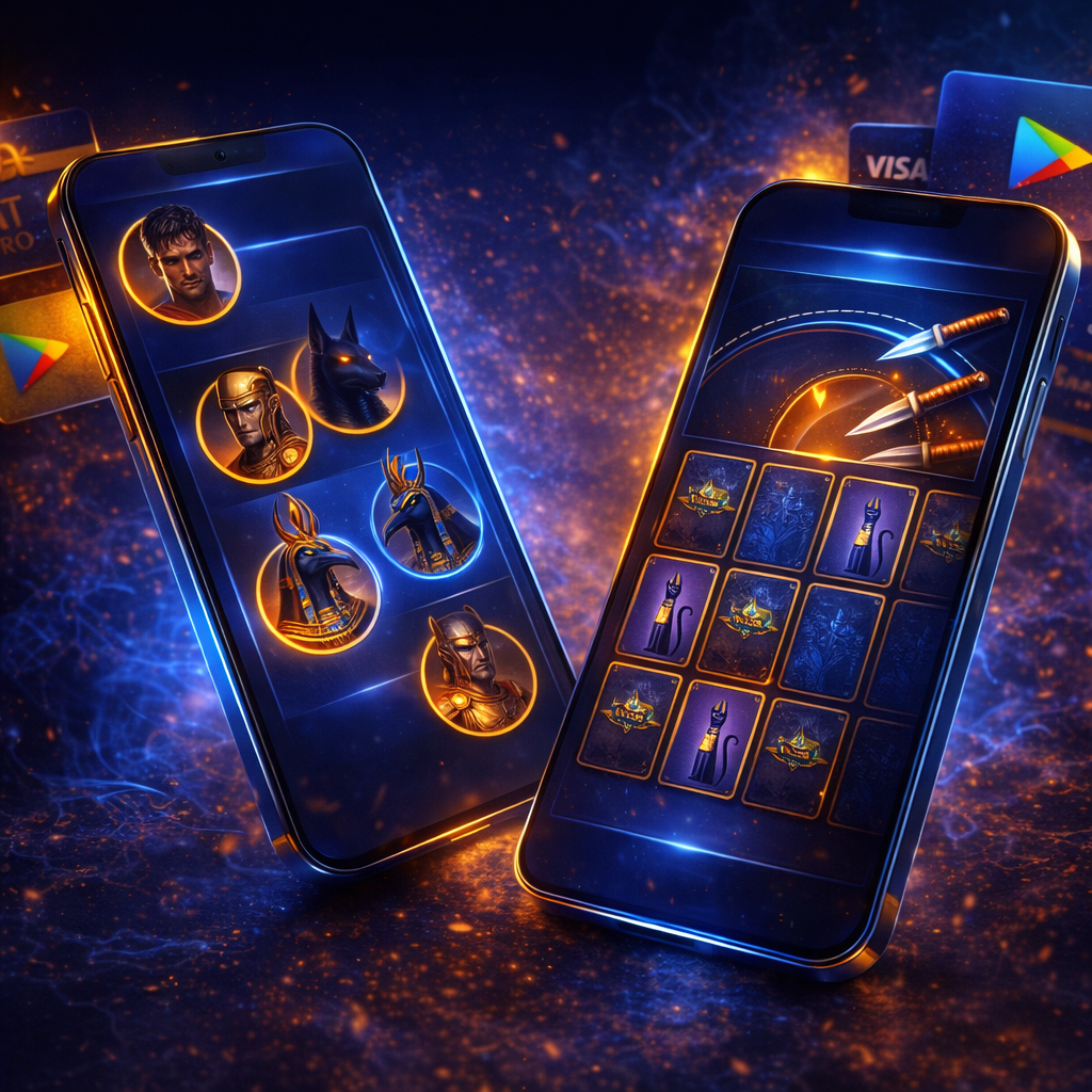 Premium mobile phones with leaderboard UI, memory and knife challenge references in a clean competitive style.
