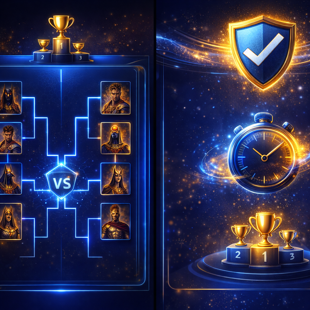 Comparison-style panels showing tournament, fairness, timing, and leaderboard icons in a premium mobile game aesthetic.