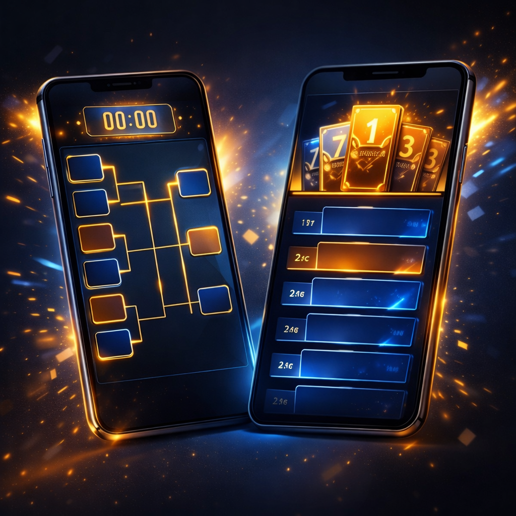 Tournament bracket and leaderboard visuals in a premium competitive mobile style
