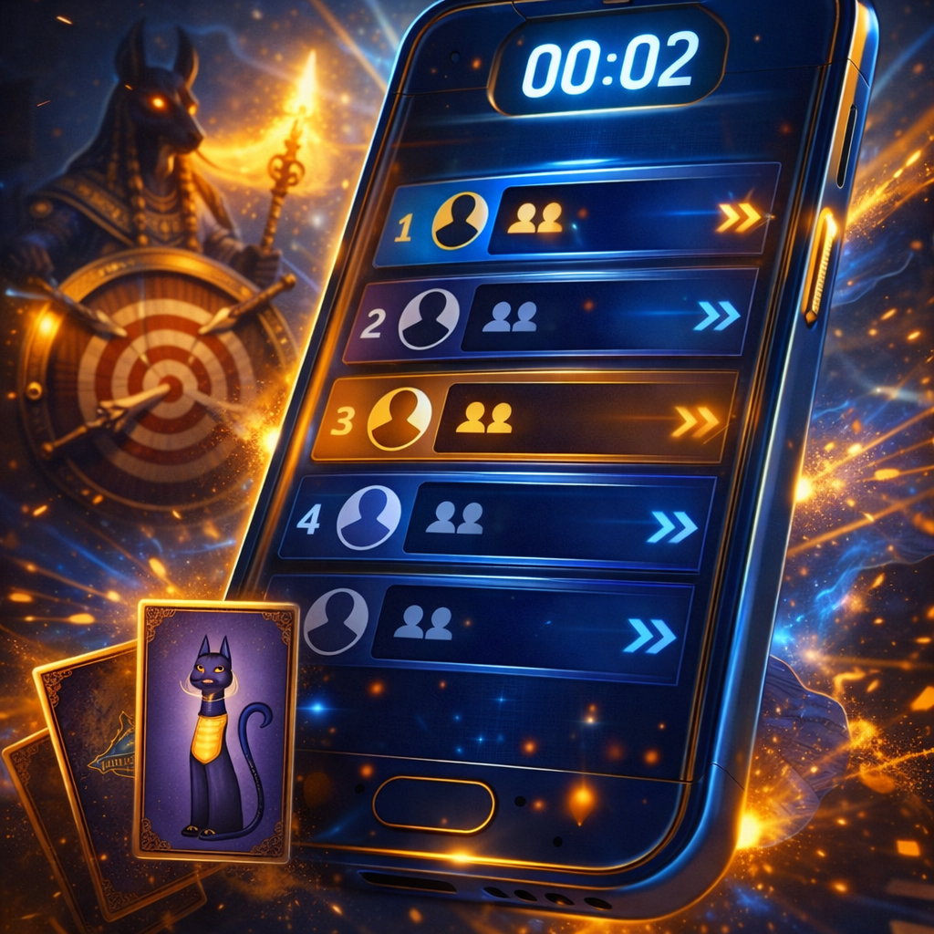 Premium mobile phone with competitive leaderboard vibe and tournament energy in deep blue and gold.