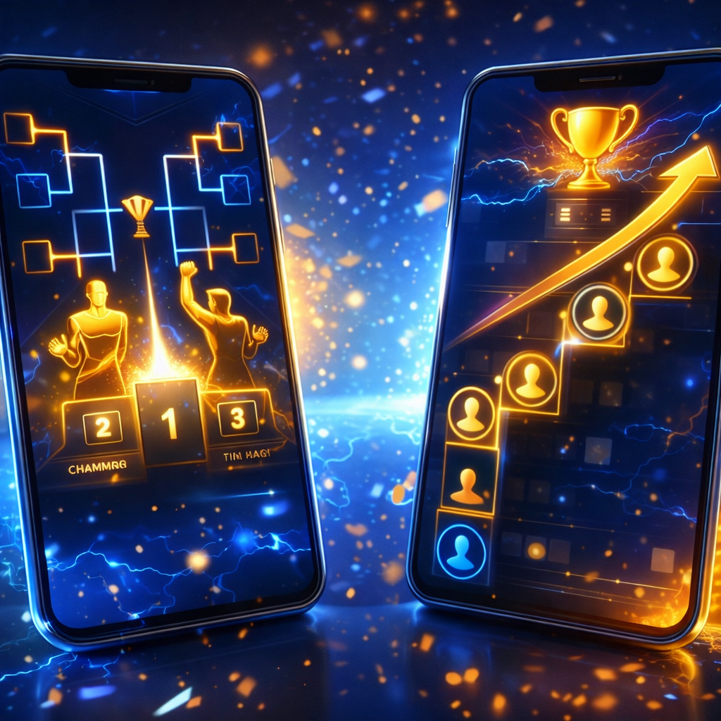 Clean comparison visual of tournament and leaderboard gameplay in a modern mobile style.
