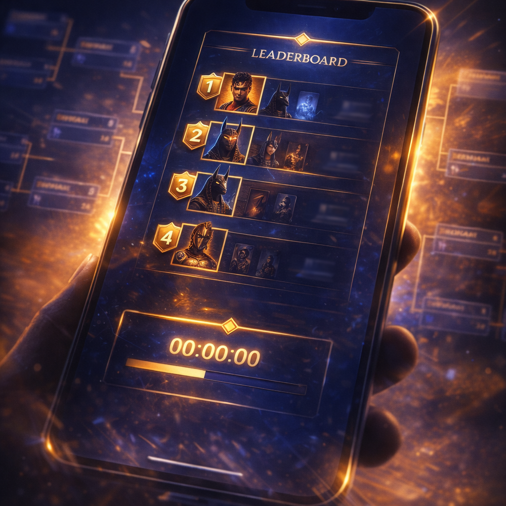 Premium mobile leaderboard and tournament timer close-up in deep blue and gold.