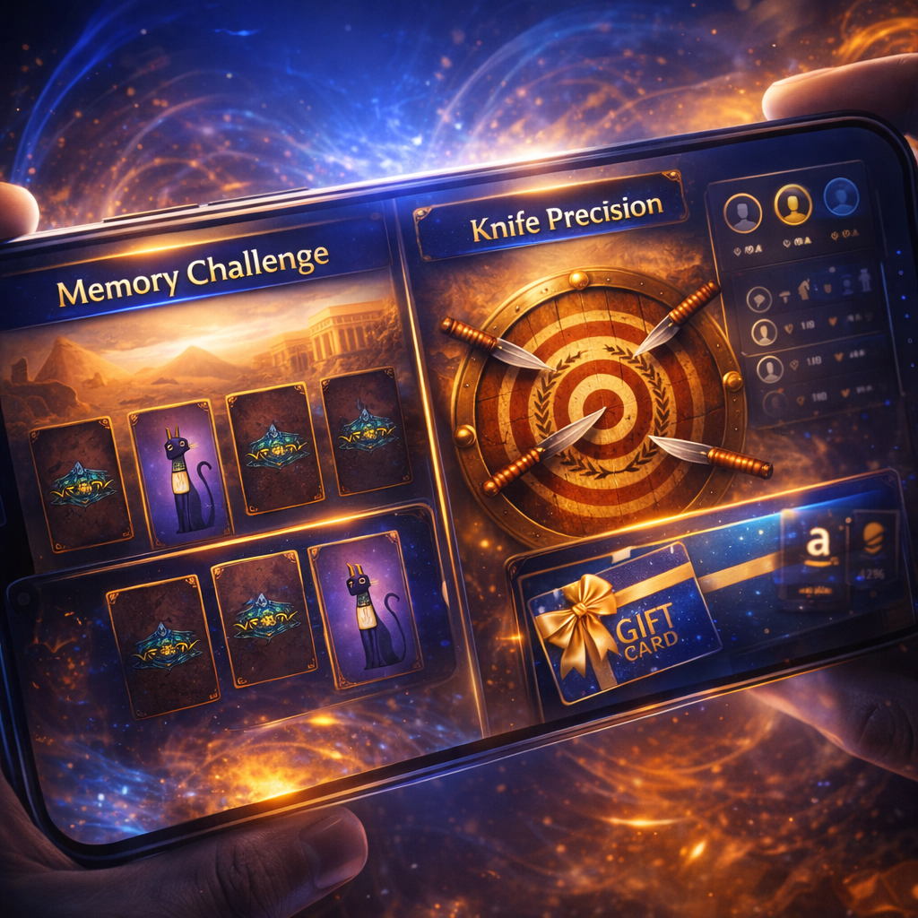 Skill Arena premium mobile UI with memory and knife challenges and leaderboard elements