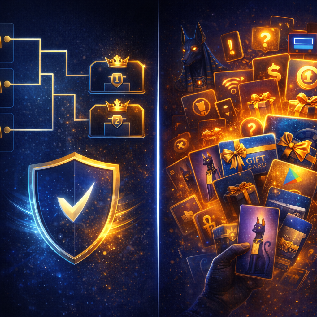 Clear, fair tournament visuals contrasted with vague, ad-heavy app style