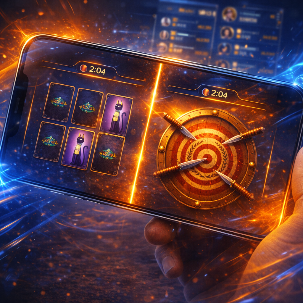 Skill Arena mobile gameplay showcasing memory and knife challenges with a clean leaderboard vibe