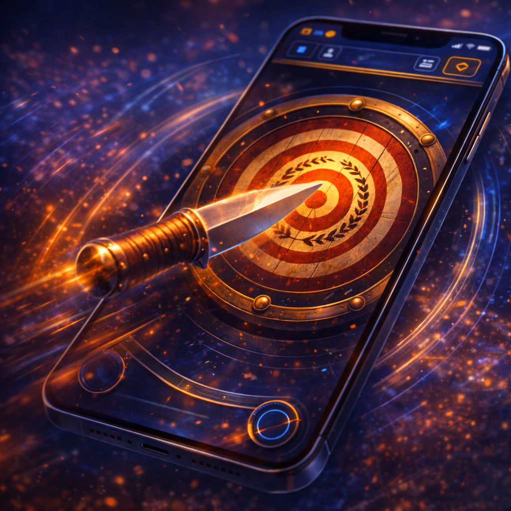 Phone screen showing a precise knife throw aligned on a rotating target in Skill Arena Knife Mode.